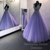 A Line V Neck Purple Beaded Long Semi Formal Prom Dresses, V Neck Backless Purple Long Formal Evening Dresses